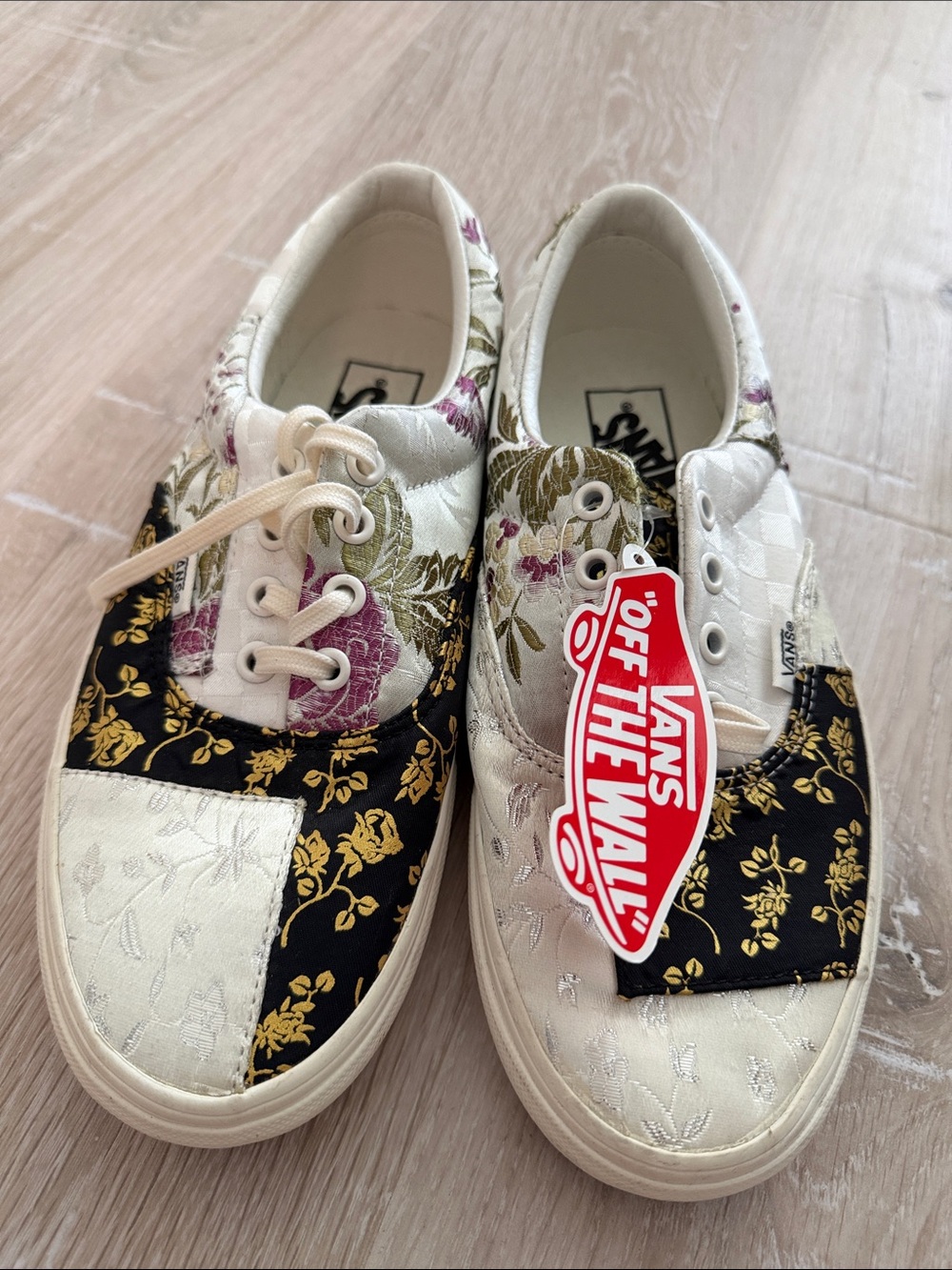Unique Vans Patchwork Floral Lace-Up Sneakers in White, Black, Gold